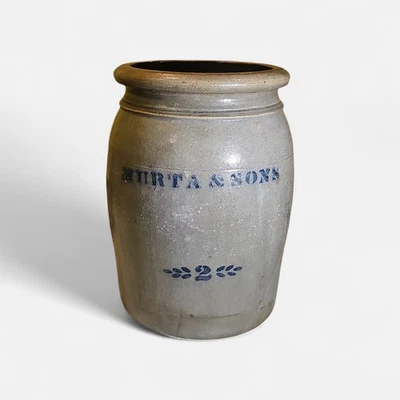 Vajilla abierta antigua Murta & Sons Beaver County PA 2 galones azul gris esmaltada con sal Foto 1 de 4