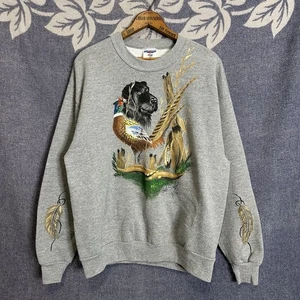 Vintage 90er Jerzees graues Sweatshirt mit Rundhalsausschnitt handbemalt Fasan Vogel Hund Größe L - Bild 1 von 6