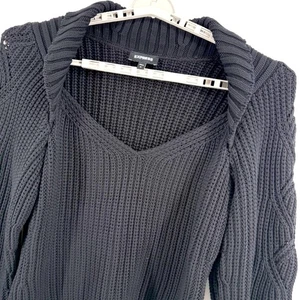 EXPRESS Chunky Knit Sweater XL Black Sweetheart Neck Cable Woven Sleeve Crochet - Picture 1 of 11