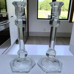 Pair Vintage 1980s Made In Slovakia Clear Crystal Candlestick Holders 9-3/8” - Picture 1 of 7