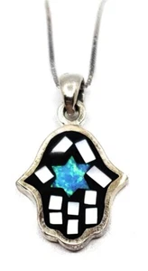 Art Judaica Silver & Opal Pendant Necklace Star of David in Hamsa - Picture 1 of 4
