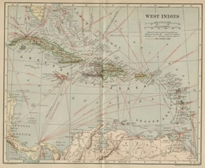 West Indies Map: Genuine 1907 (Dated) City Port Steamer Line Rail Telegraph - Picture 1 of 2