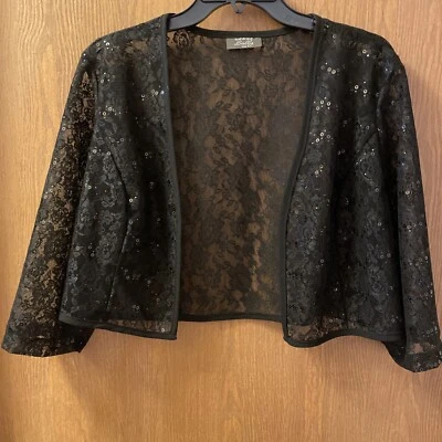 Sally Bolero Encaje Negro con Lentejuelas Negras Brillantes 40” A través de 3/4 Slv Excelente Vacaciones Foto 1 de 4