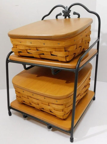 Longaberger Wrought Iron Two Tier Rack with Wood Shelves, 2 Baskets, Wood Lids Cover