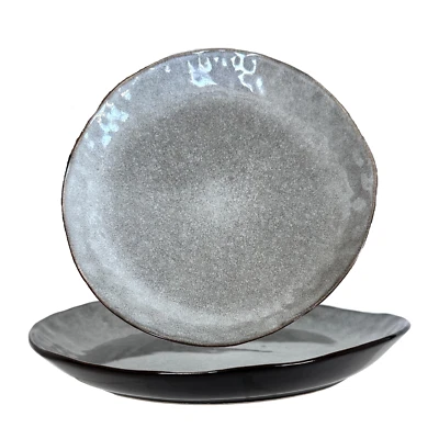 Asymmetrical Glazed Gray & Black Speckled Porcelain 9" Salad Plate Set/2 Modern - Image 1 of 4
