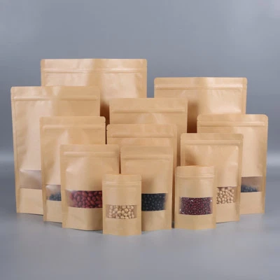 Bolsas de papel Kraft marrón/blanco bolsa de comida de pie con ventana transparente Foto 1 de 4