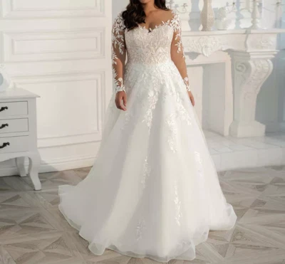 Plus Size Wedding Dress Long Sleeves Lace Applique A-Line Bride Gown Sweep Train - Image 1 of 4