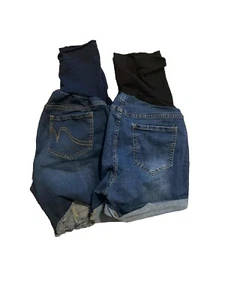 Blue Denim Maternity Shorts Womens Large Distressed Over Belly 2 Pair - Picture 1 of 5