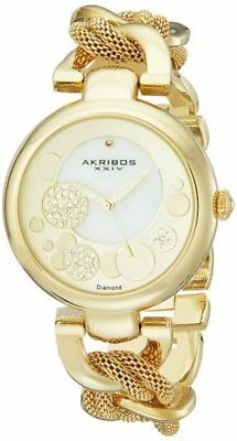 NEW Akribos XXIV AK643YG Women's Lady Diamond Gold Mesh Chain Link Watch - Image 1 of 4