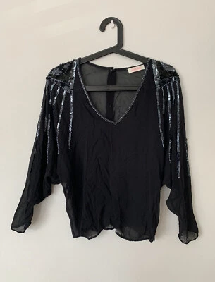 RARE As New Sass and Bide, Sass & Bide Black Silk & Sequins Batwing Blouse TOP - Image 1 of 4