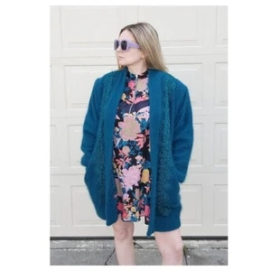 Vintage Women Turquoise Angora Oversized Cardigan Sweater Blue Green Size Large - Picture 1 of 7