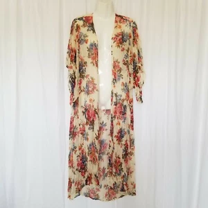 Cecico Damen Kimono Boho Gypsy transparent offen Blumen lang Coverup Top geknittert L - Bild 1 von 12