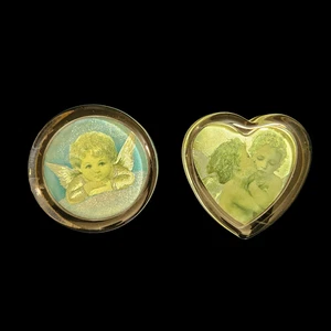 Vintage Angel Paperweight Lot of 2  Round & Heart Shape Cherubs Resin Glass Look - Picture 1 of 2