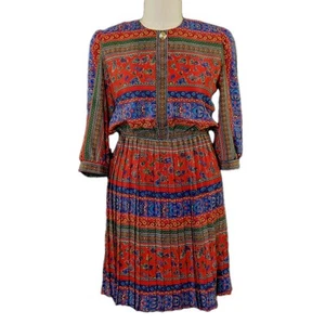 Vintage 80's Lady Carol Dress Red Blue Scarf Print Pleated Blouson Size 18 USA - Picture 1 of 22