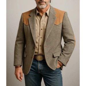 Vintage Pendleton Blazer Men 44 Wool Herringbone Rockabilly Suede Western Cowboy - Picture 1 of 10