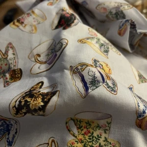 Elizabeth's Studio Fancy Tea Teacups Cotton Fabric 34001 BLUE 32”x40” - Picture 1 of 4