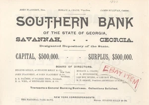 1890 SAVANNAH GEORGIA SOUTHERN BANK John Flannery Horace Crane James Sullivan - Picture 1 of 1