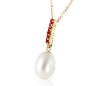 14K. GOLD NECKLACE WITH RUBIES & BRIOLETTE PEARL (Yellow Gold) - Picture 1 of 6