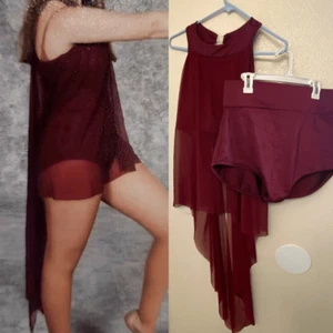 Curtain Call Dance costume 2 piece burgundy red mesh skirt top P669 XLA adult - Picture 1 of 12