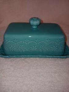 Pioneer Woman Teal Stoneware Embossed Butter Dish - Pre-owned