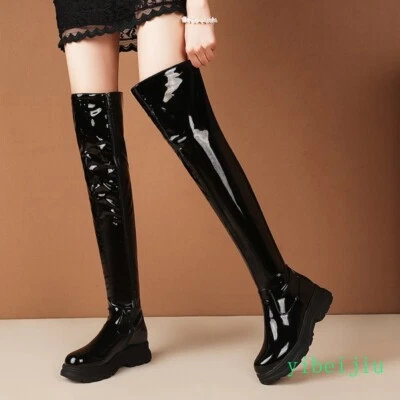Women's Shiny Leather Over Knee High Low Heel Shoes Biker Riding Boots Slim Leg - Image 1 of 4