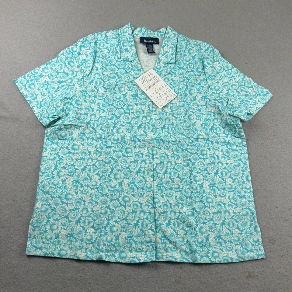 Camisa Denim Co Feminina XL Azul Linho Mescla Floral Botão para Cima Manga Curta Nova Com Etiqueta - Imagem 1 de 4