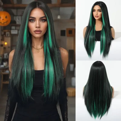 Long Black Green Mix Cospaly Heat Resistant Straight Synthetic High Quality Wig - Image 1 of 4