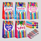 Rainbow Party Bags x50 Paper Gift Favour Stickers Flat Bottom 5 Designs 24x12cm