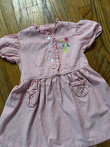 Vintage 50s Embroidery Rockabilly Baby Girl Pinstripe Ruffled Cottagecore Dress