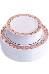 102 Pcs Rose Gold Plastic Party Plates Lace Design Disposable Plates - Picture 1 of 5