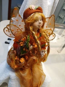Autumn Fairy Sitting Doll Pixie Figurine Tulle Dress Glitter Wings 14" Tall - Picture 1 of 7