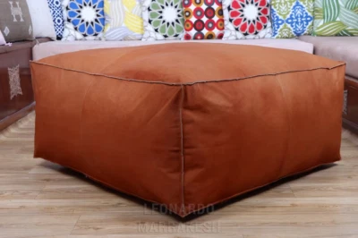 Genuine Pouffe Leather Footstool New Real Moroccan Handmade Ottoman 30'' Brown - Image 1 of 4