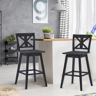 Costway 2PCS Bar Stools Swivel Pub Height Chairs W/ Rubber Wood Legs Black - Image 1 of 4