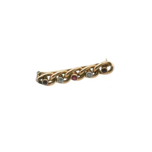 Antique 14K Yellow Gold Diamond & Ruby Chain Link Bar Brooch - Picture 1 of 4