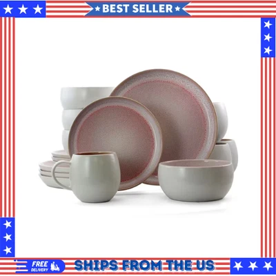Juego de vajilla de gres rosa rústico malva moca 16 piezas servicio para microondas para 4 Foto 1 de 4