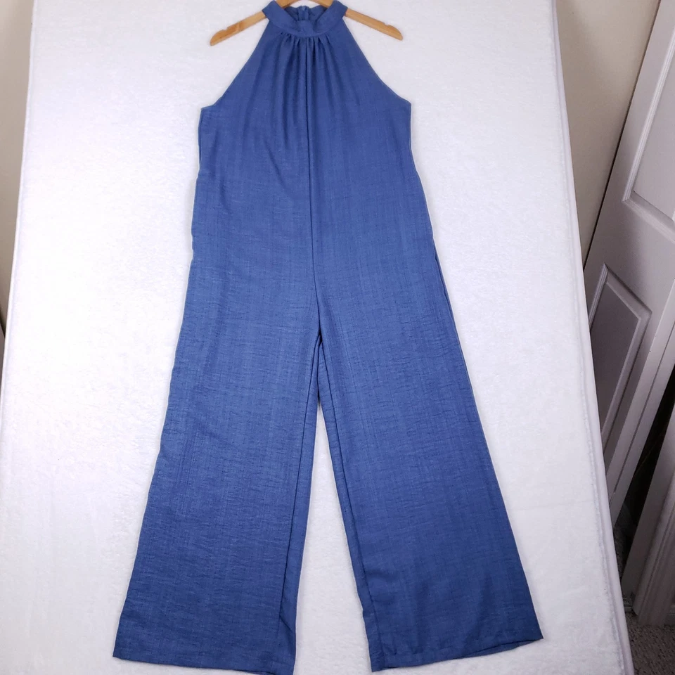 Mono para mujer azul halter pierna ancha talla grande sin mangas elegante festival Foto 1 de 4