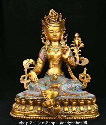 Статуэтка Будды Тара Кваньинь Гуаньинь Старый Тибет Клуазоне эмаль медь золото зеленый - Изображение 1 из 4