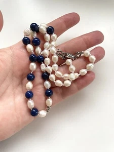 Lapis Lazuli & Pearl Vintage Estate Sterling Silver Beaded Bib Necklace 18.5" - Picture 1 of 4