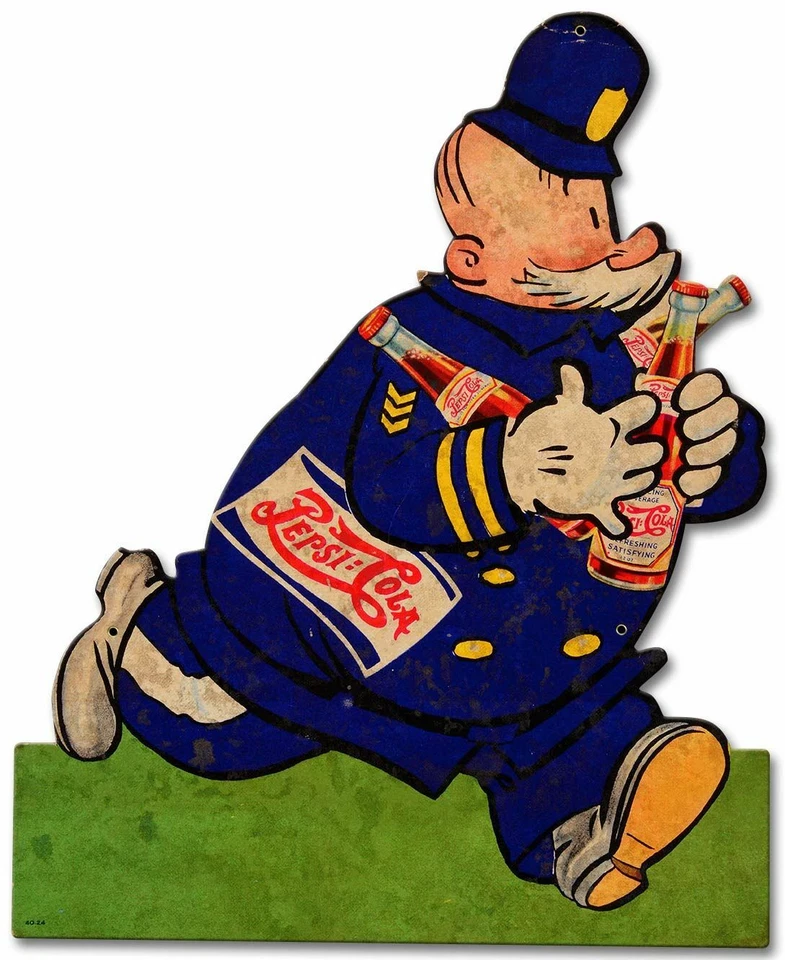 PEPSI COLA KEYSTONE COP RUNNING HEAVY DUTY USA MADE METAL SODA ADVERTISING SIGN - Image 1 of 1
