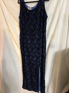 Vtg Brilliante Women's Light Blue Lining Black Floral Mesh Overlay Dress Sz XXL - Picture 1 of 6