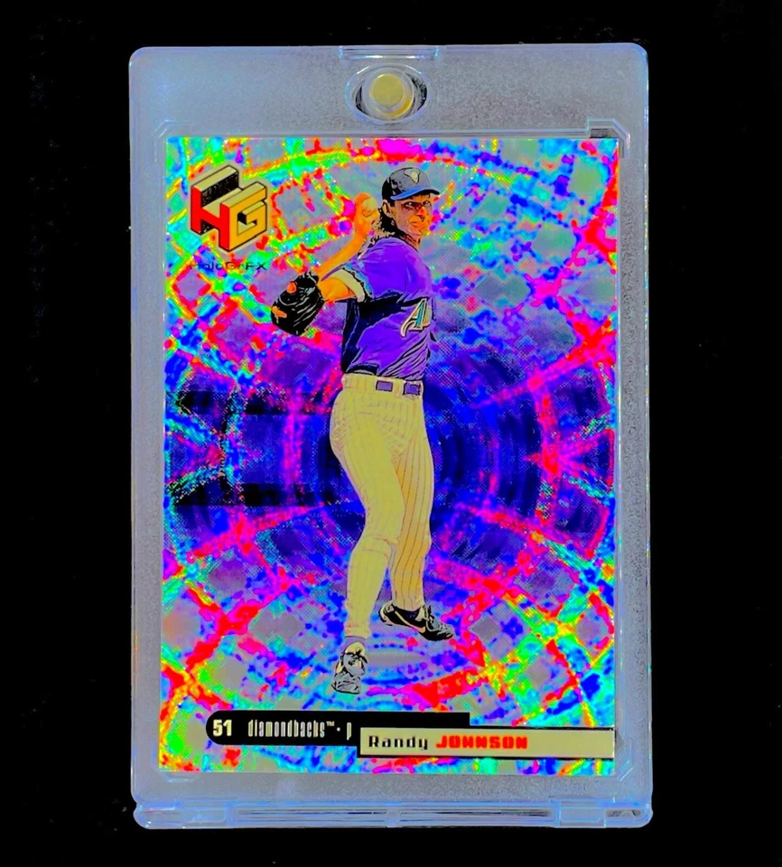 Tarjeta RANDY JOHNSON RARO REFRACTOR VORTICE PÚRPURA Holo Plata Arizona Diamondbacks Foto 1 de 4