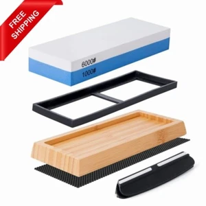 Knife Sharpening Stone 1000/6000 Non-Slip Dual Whetstone Set Holder Bamboo Base - Picture 1 of 9