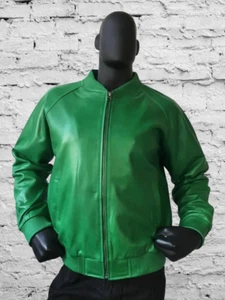 New Men's Kelly Green Leather Jacket 100% Pure Soft Lambskin Bomber Coat Jacket - Picture 1 of 7