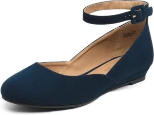 DREAM PAIRS Women's Dress Flats Ballet Low Wedge Round Toe Ankle Strap Navy - Picture 1 of 8