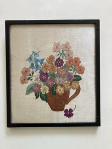 Vintage 1955 Embroidery Flowers In Jug On Silk Framed Gallery Wall - Picture 1 of 12