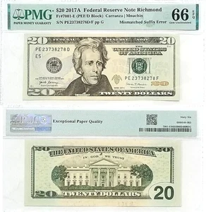 2017-A $20 Federal Reserve Note Mismatched Suffix Error PMG Gem CU-66 EPQ - Picture 1 of 1