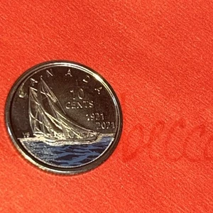 1921 2021- Ten Cents Coin Dime Canada 100th Anniversary Bluenose Colourised - Picture 1 of 2