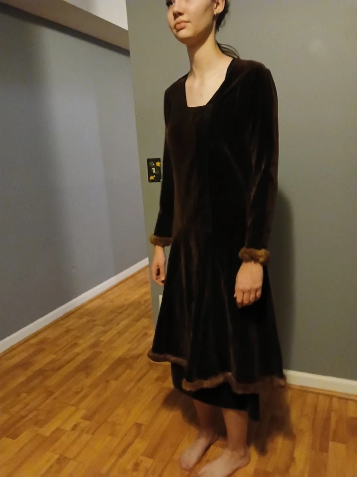 Over 100 Years Old Brown Cotton Velveteen With Fur Trim Tunic Dress Over Skirt - Image 1 of 4