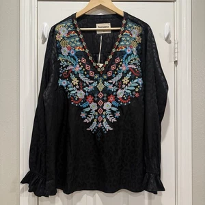Savanna Jane Bluse Damen 2XL schwarz Satin bestickt Blumen Animal Print Boho - Bild 1 von 10