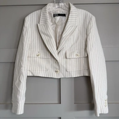 Zara Blazer Pin Stripped Cropped Jacket Pockets Cream Women’s Size Large - Image 1 of 4